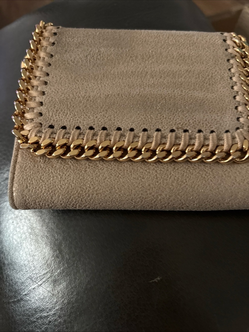Stella McCartney Taupe Suede Wallet with Gold Chain Trim